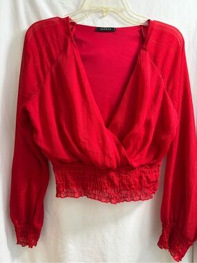 Papaya Red Wrap-Front Long Sleeve Cropped Blouse